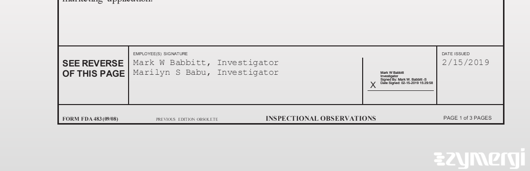 Mark W. Babbitt FDA Investigator Marilyn S. Babu FDA Investigator 