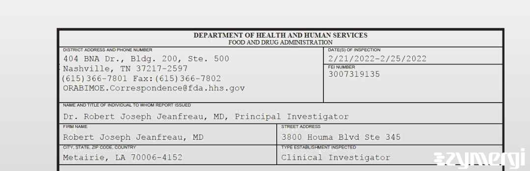 FDANews 483 Robert Joseph Jeanfreau, MD Feb 25 2022 top