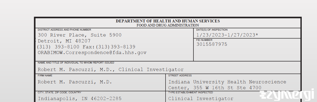 FDANews 483 Robert M. Pascuzzi, M.D. Jan 27 2023 top