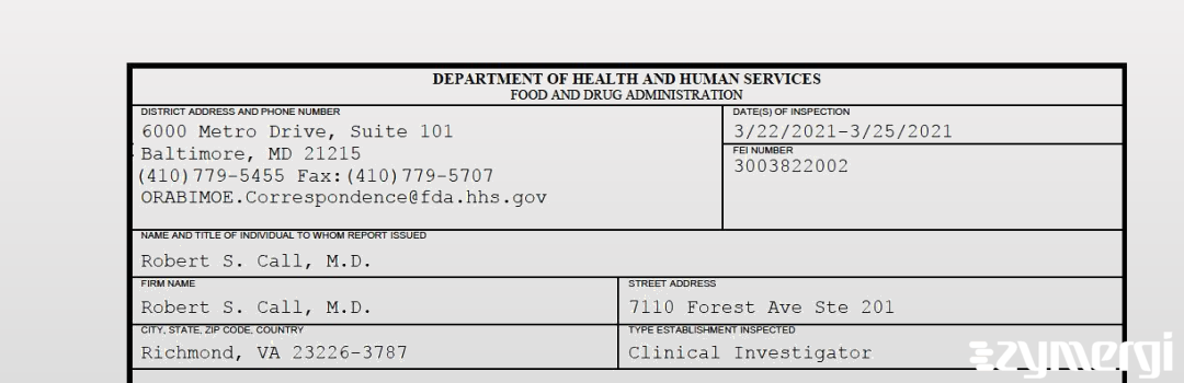 FDANews 483 Robert S. Call, M.D. Mar 25 2021 top