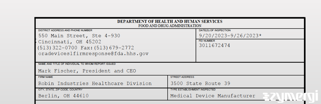 FDANews 483 Robin Industries Healthcare Division Sep 26 2023 top