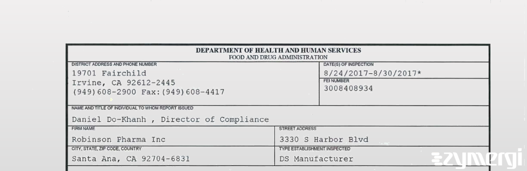 FDANews 483 Robinson Pharma, Inc. Aug 30 2017 top