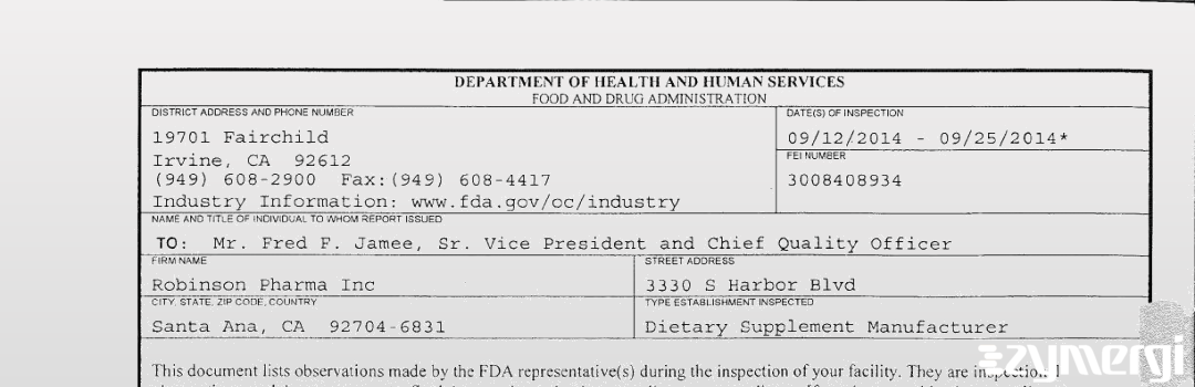 FDANews 483 Robinson Pharma, Inc. Sep 25 2014 top