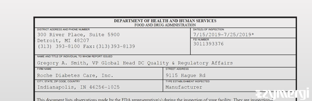 FDANews 483 Roche Diabetes Care, Inc. Jul 25 2019 top