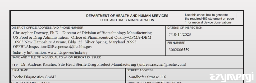 FDANews 483 Roche Diagnostics GmbH Jul 14 2023 top