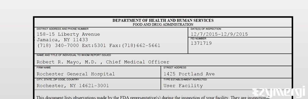 FDANews 483 Rochester General Hospital Dec 9 2015 top