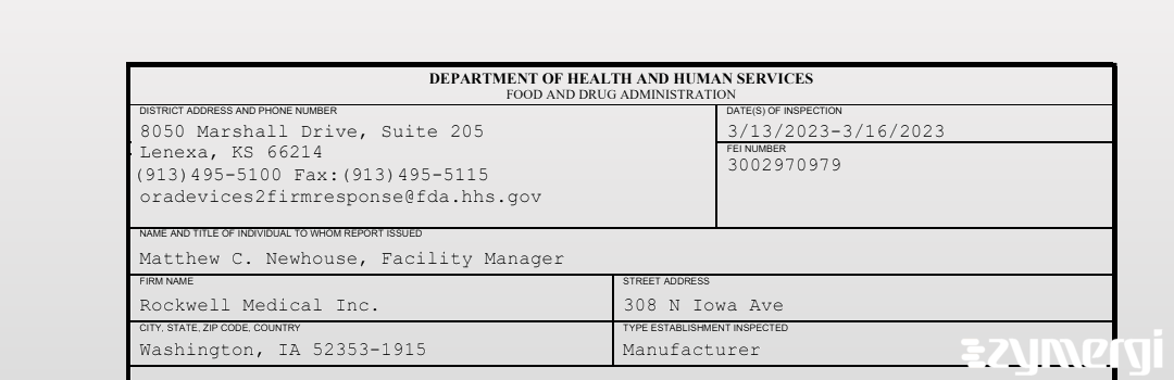 FDANews 483 Rockwell Medical, Inc Mar 16 2023 top