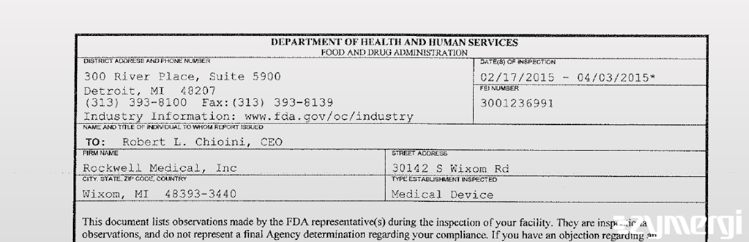 FDANews 483 Rockwell Medical, Inc Apr 3 2015 top