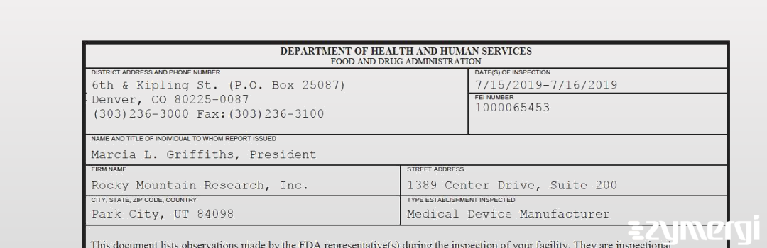 FDANews 483 Rocky Mountain Research, Inc. Jul 16 2019 top