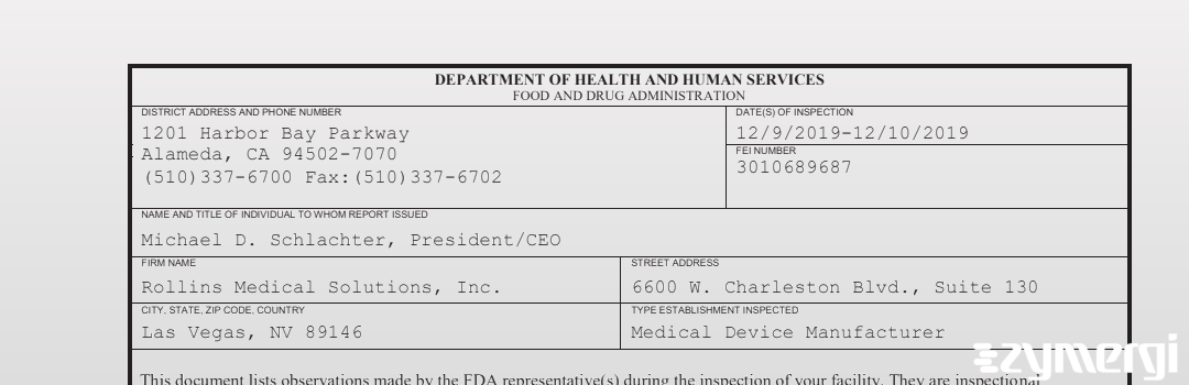 FDANews 483 Rollins Medical Solutions, Inc. Dec 10 2019 top