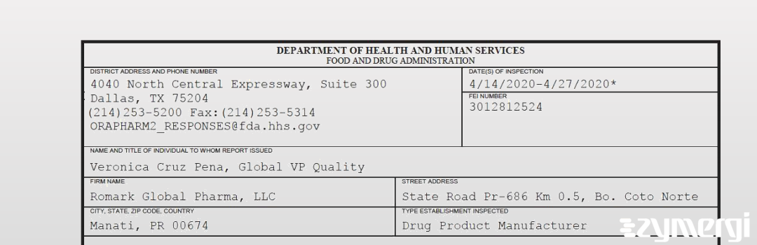 FDANews 483 Romark Global Pharma, LLC Apr 27 2020 top