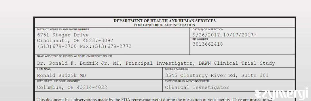 FDANews 483 Ronald Budzik MD Oct 17 2017 top