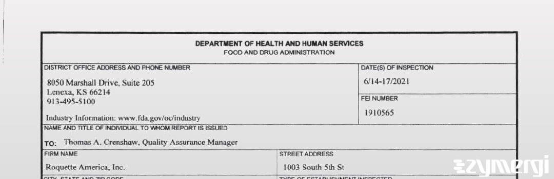 FDANews 483 Roquette America, Inc. Jun 17 2021 top