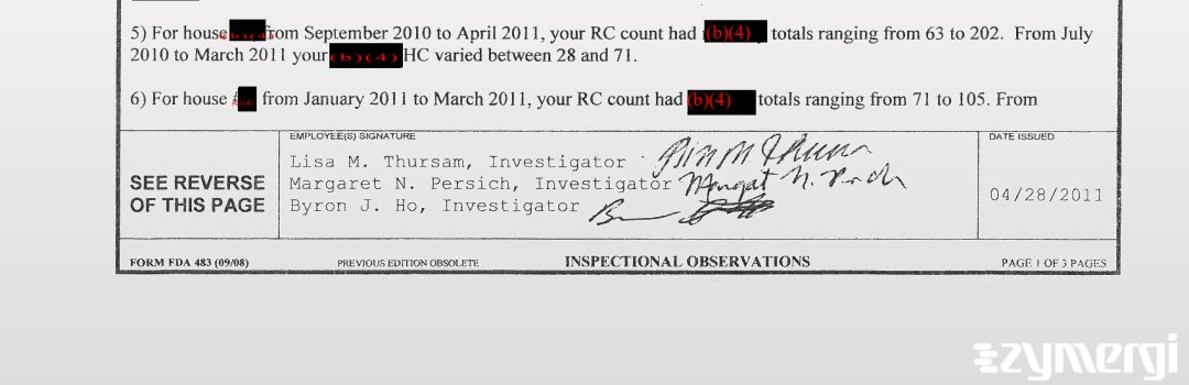 Byron Ho FDA Investigator Margaret N. Persich FDA Investigator Lisa M. Thursam FDA Investigator