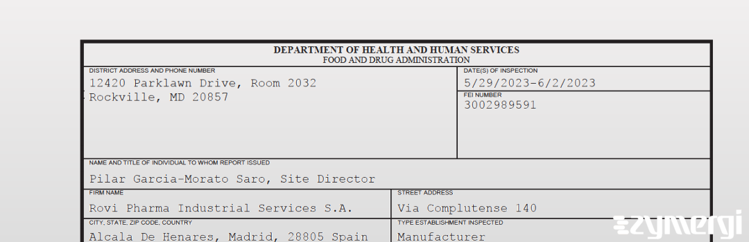 FDANews 483 ROVI Pharma Industrial Services S.A. Jun 2 2023 top