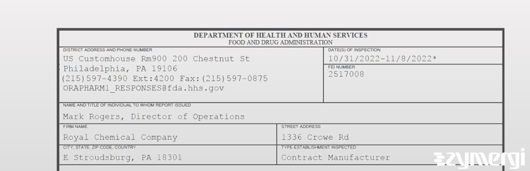 FDANews 483 Royal Chemical Company Nov 8 2022 top