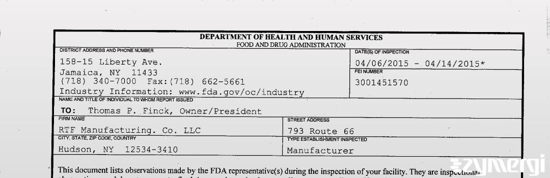 FDANews 483 RTF Manufacturing. Co. LLC Apr 14 2015 top