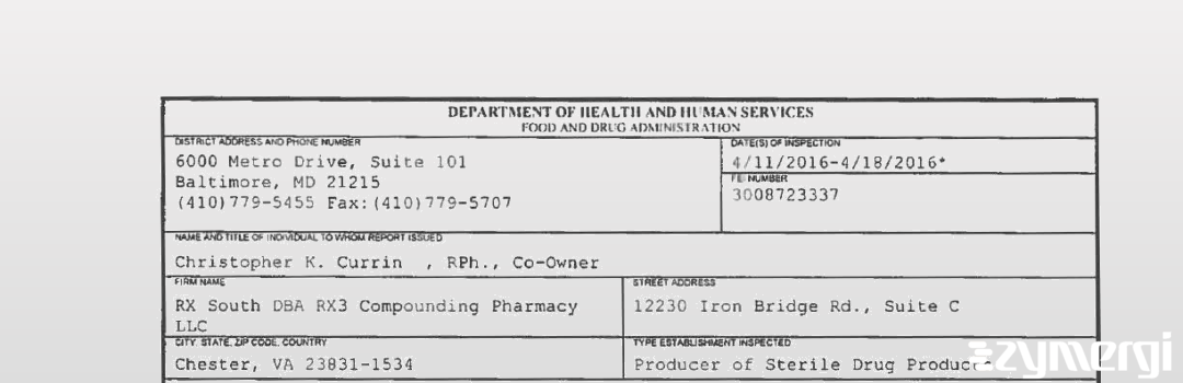 FDANews 483 RX South DBA RX3 Compounding Pharmacy LLC Apr 18 2016 top