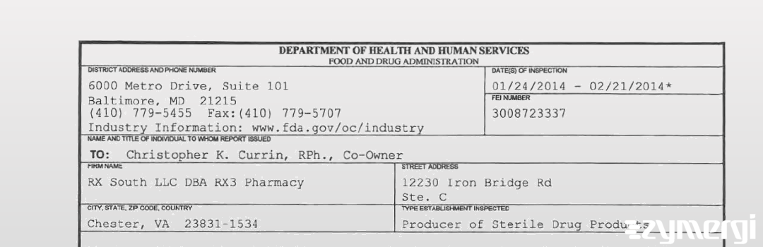 FDANews 483 RX South DBA RX3 Compounding Pharmacy LLC Feb 21 2014 top