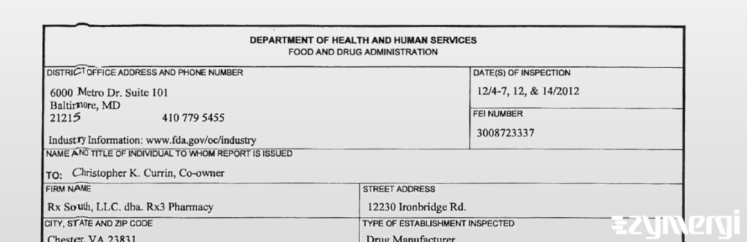 FDANews 483 RX South LLC DBA RX3 Pharmacy Dec 14 2012 top