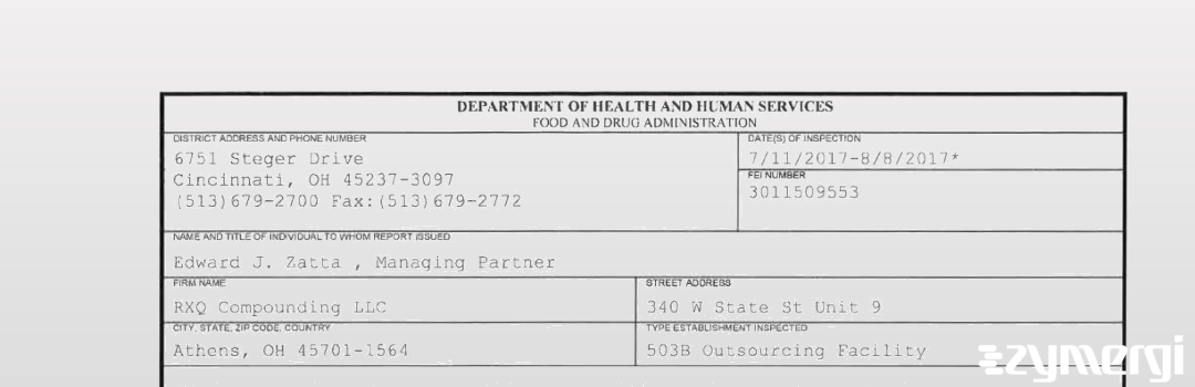 FDANews 483 RXQ Compounding LLC Aug 8 2017 top