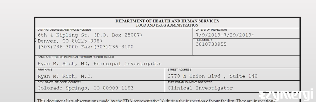 FDANews 483 Ryan M. Rich, M.D. Jul 29 2019 top