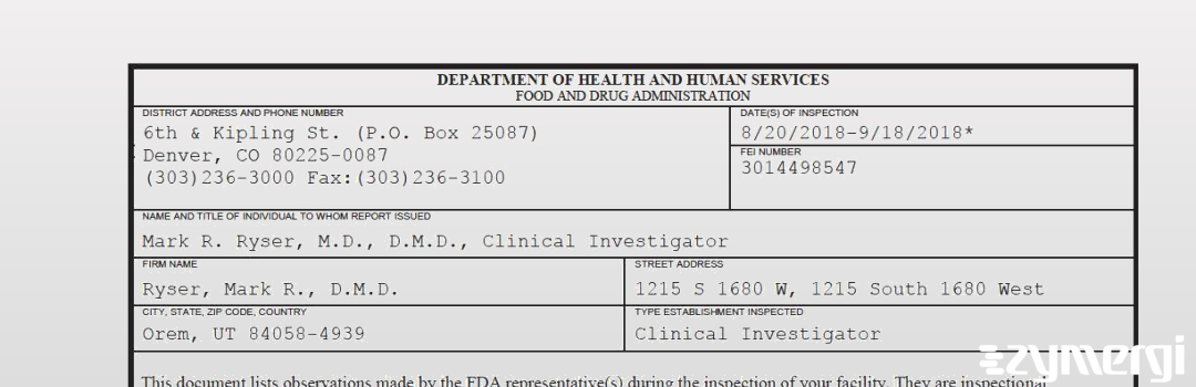 FDANews 483 Ryser, Mark R., D.M.D. Sep 18 2018 top