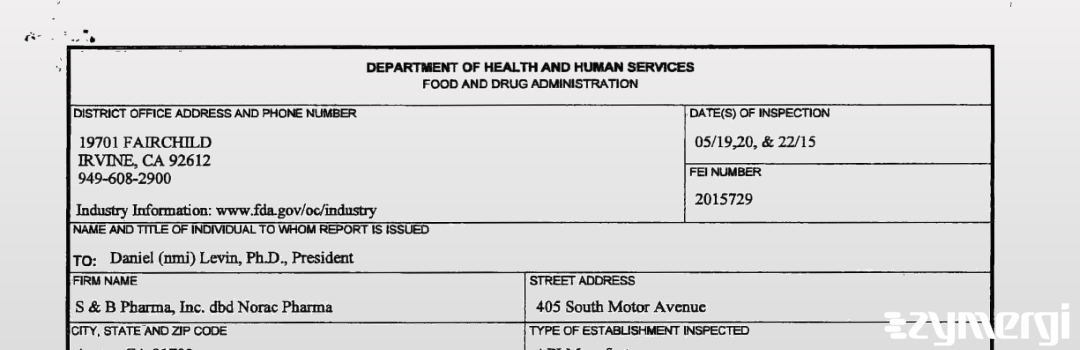 FDANews 483 S & B Pharma, Inc. dba Norac Pharma May 22 2015 top