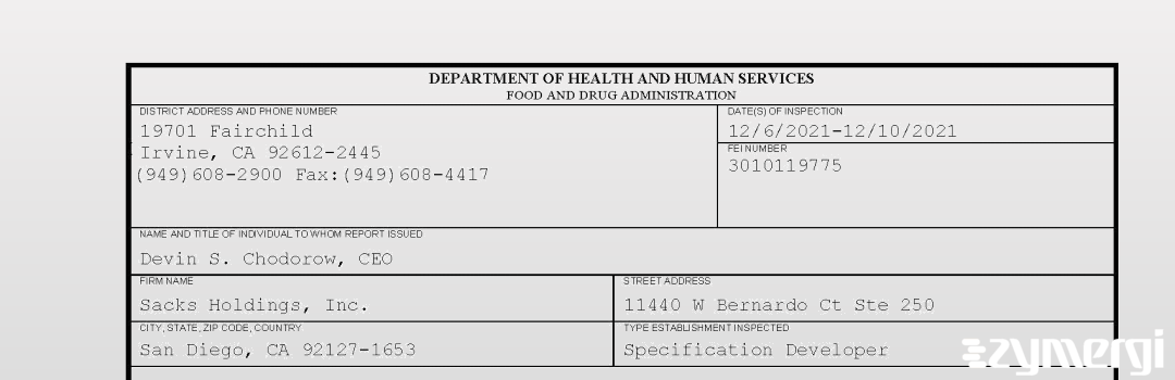 FDANews 483 Sacks Holdings, Inc. Dec 10 2021 top