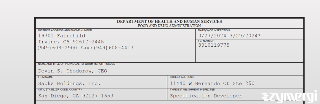 FDANews 483 Sacks Holdings, Inc. Mar 29 2024 top