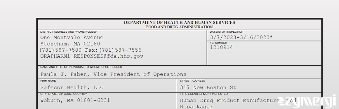 FDANews 483 Safecor Health, LLC Mar 16 2023 top