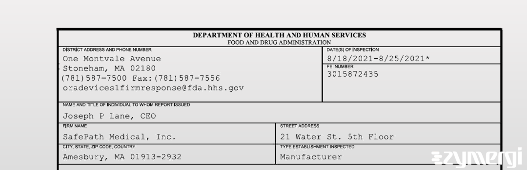 FDANews 483 SafePath Medical, Inc. Aug 25 2021 top