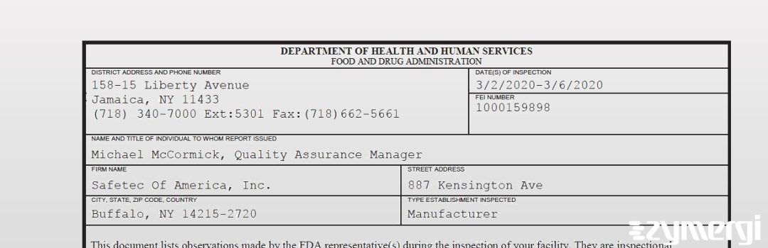 FDANews 483 Safetec Of America, Inc. Mar 6 2020 top