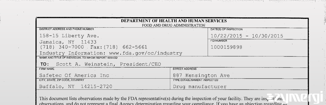 FDANews 483 Safetec Of America, Inc. Oct 30 2015 top