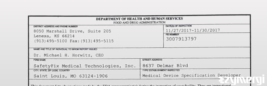 FDANews 483 SafetyFix Medical Technologies, Inc. Nov 30 2017 top