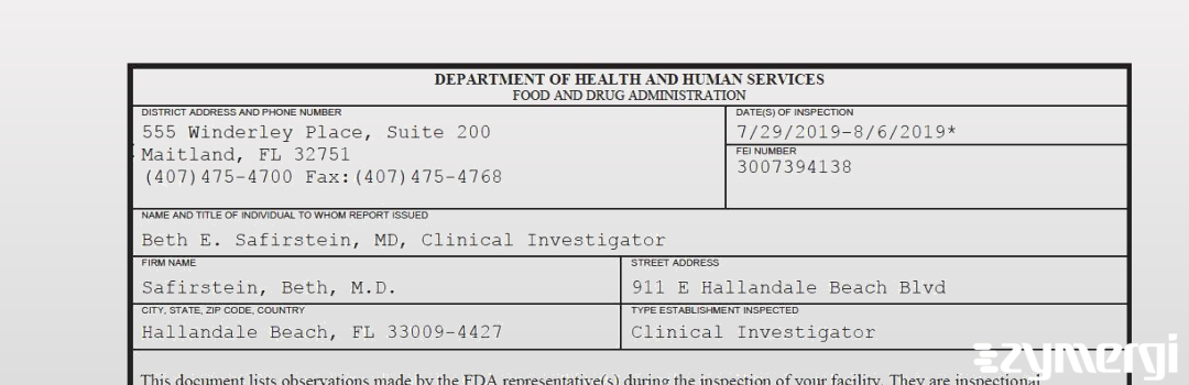 FDANews 483 Safirstein, Beth, M.D. Aug 6 2019 top