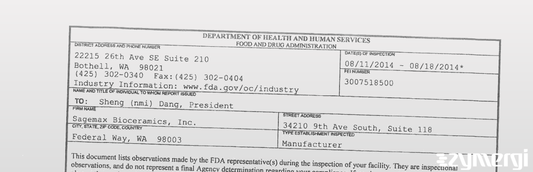 FDAzilla 483 Sagemax Bioceramics, Inc. Aug 18 2014 top