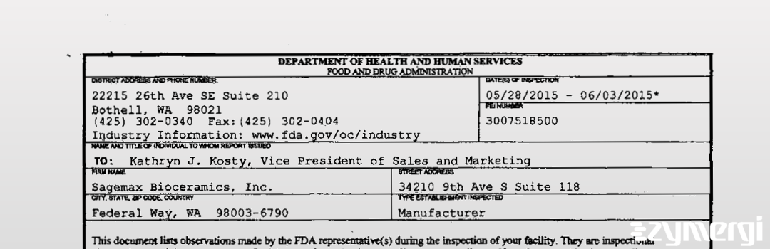 FDANews 483 Sagemax Bioceramics, Inc. Jun 3 2015 top