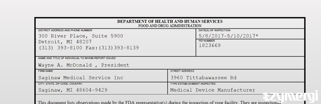 FDANews 483 Saginaw Medical Service Inc May 10 2017 top