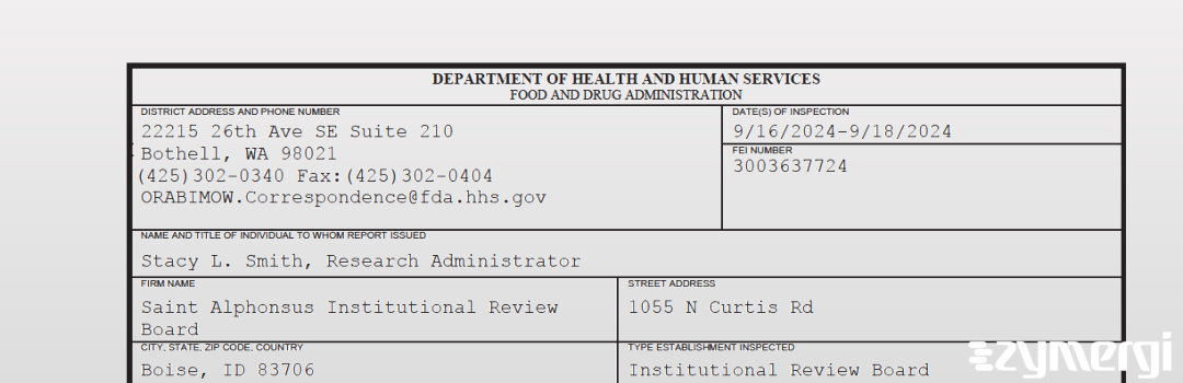 FDANews 483 Saint Alphonsus Institutional Review Board Sep 18 2024 top