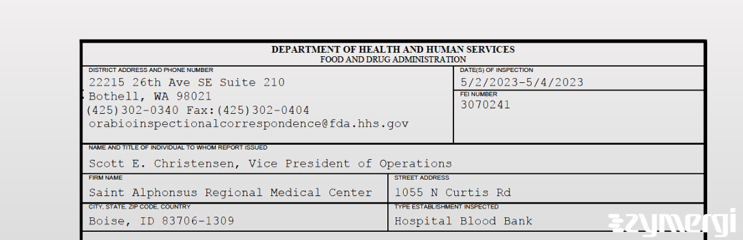 FDANews 483 Saint Alphonsus Regional Medical Center May 4 2023 top