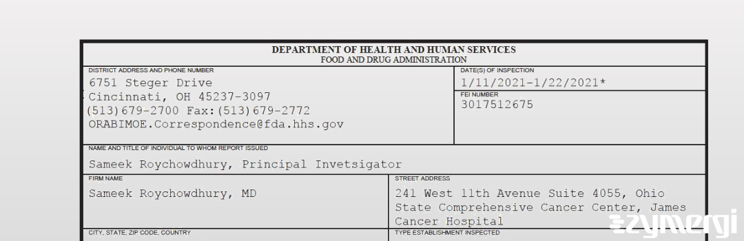 FDANews 483 Sameek Roychowdhury, MD Jan 22 2021 top