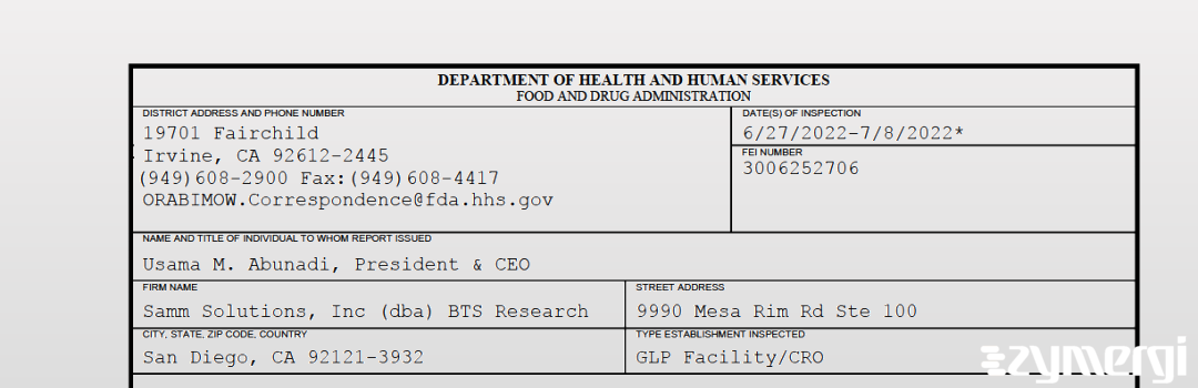 FDANews 483 Samm Solutions, Inc (dba) BTS Research Jul 8 2022 top