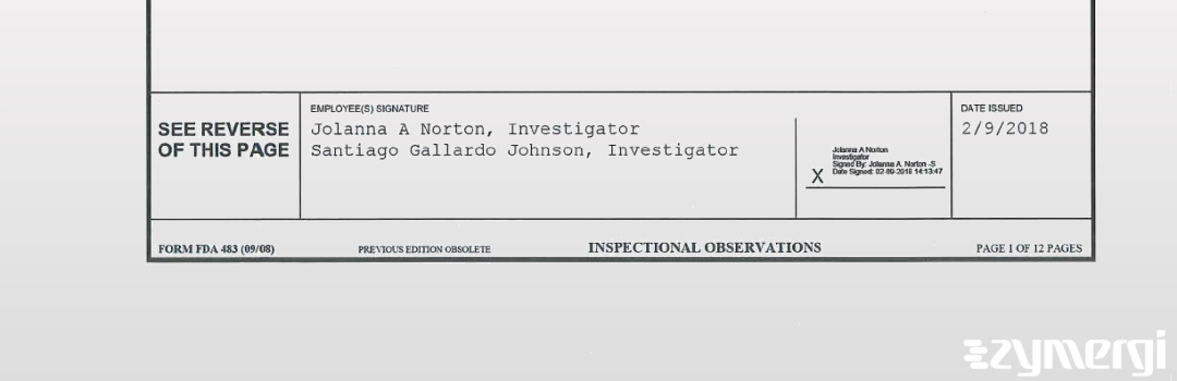 Santiago Gallardo Johnson FDA Investigator Jolanna A. Norton FDA Investigator Gallardo Johnson, Santiago FDA Investigator 