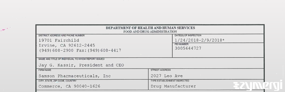 FDANews 483 Samson Pharmaceuticals, Inc Feb 9 2018 top