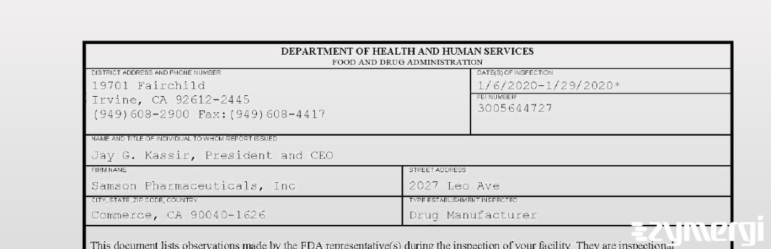 FDANews 483 Samson Pharmaceuticals, Inc Jan 29 2020 top