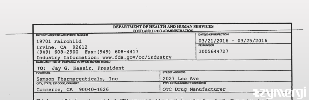 FDANews 483 Samson Pharmaceuticals, Inc Mar 25 2016 top