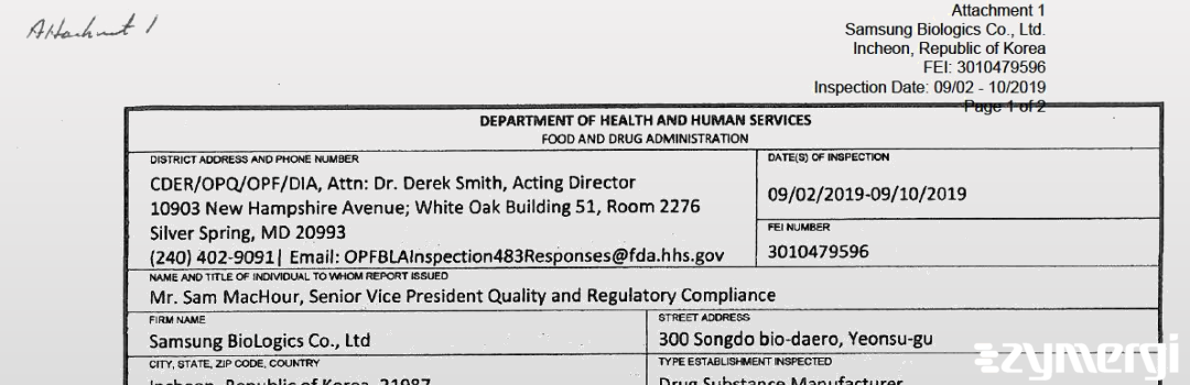 FDANews 483 Samsung Biologics Co., Ltd. Sep 10 2019 top