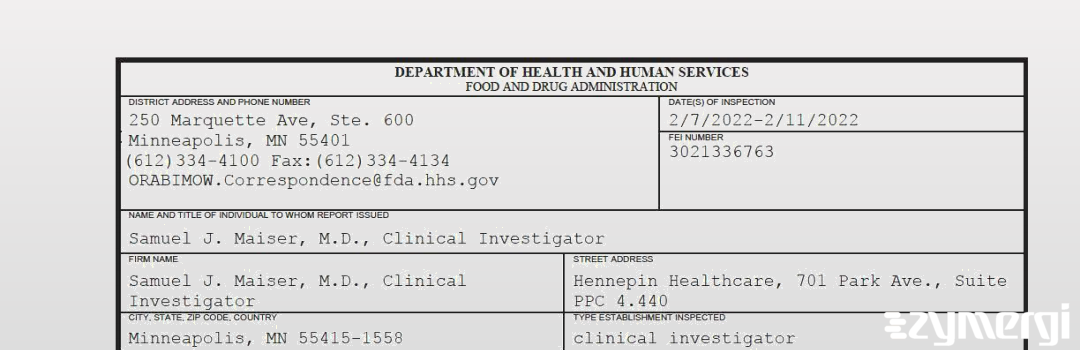 FDANews 483 Samuel J. Maiser, M.D., Clinical Investigator Feb 11 2022 top