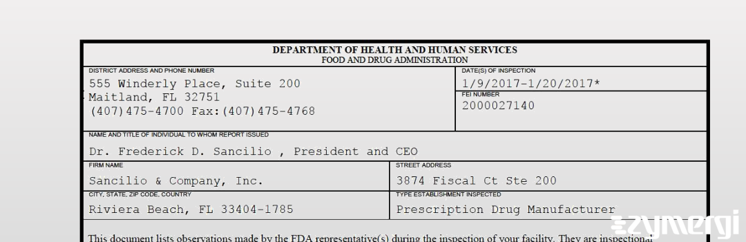 FDANews 483 Sancilio & Company, Inc. Jan 20 2017 top